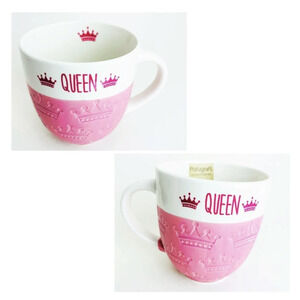 2pc Pfaltzgraff Queen Debossed pink & white Coffee Mug 20fl Oz QUEEN CROWN PRINT